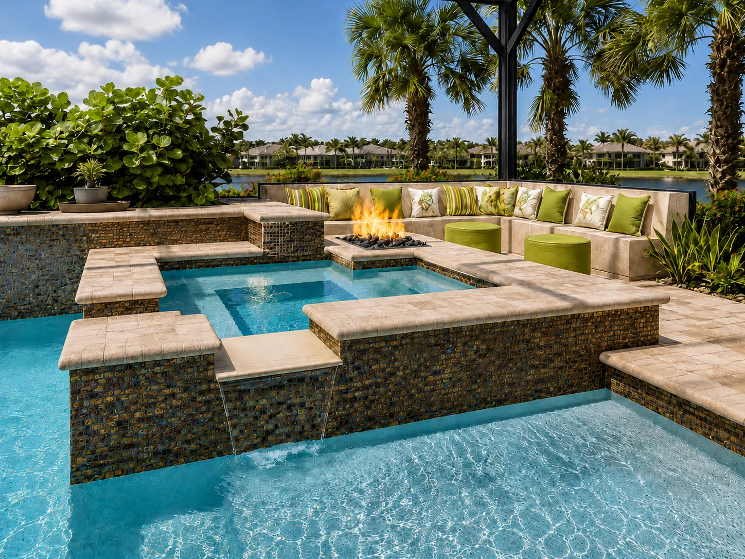 Custom pool and integrated spa with fire features, designed and built by Knäak Design Group in Naples, Florida