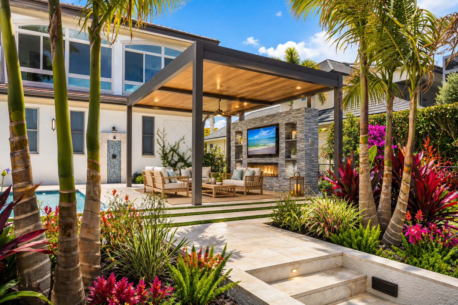Custom pergola and dockside landscape design, Naples, Florida