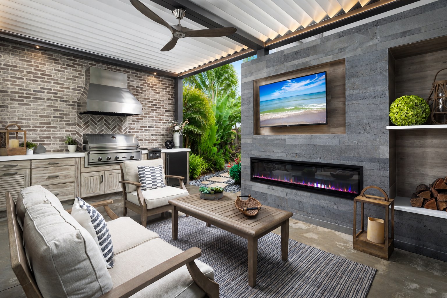 Custom outdoor fireplace and covered living space, Naples