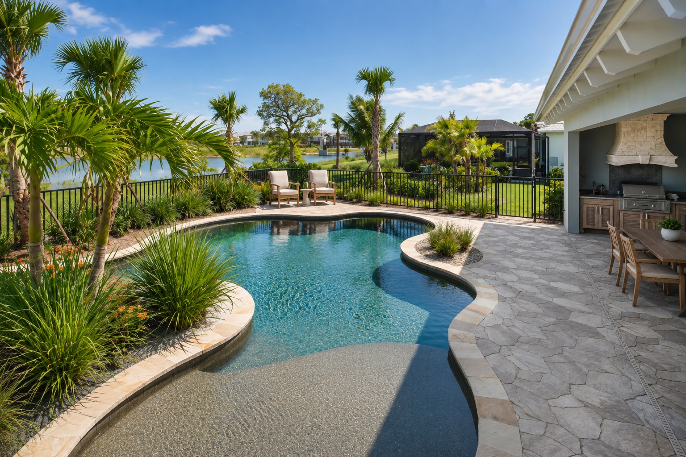 Organic-shaped pool integrated with landscape