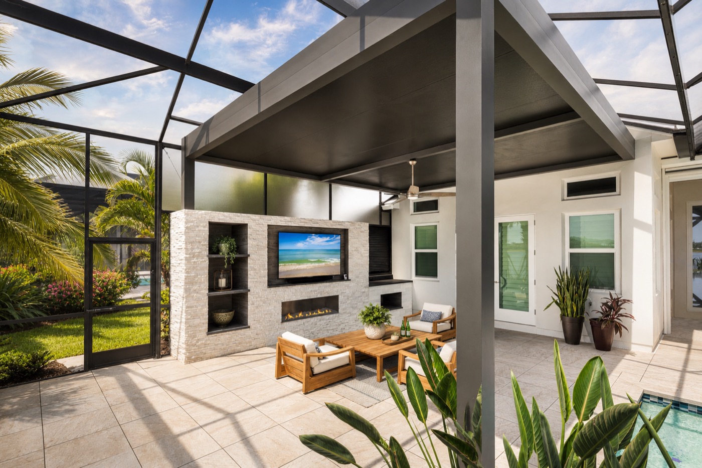 Solid roof pergola over an outdoor living area, Naples, Florida
