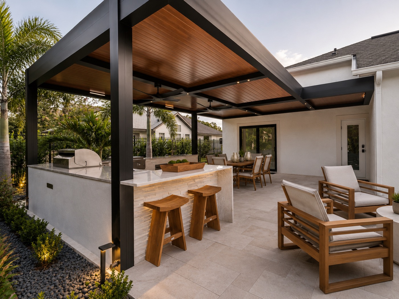 Solid wood-look roof pergola over a covered patio, Southwest Florida