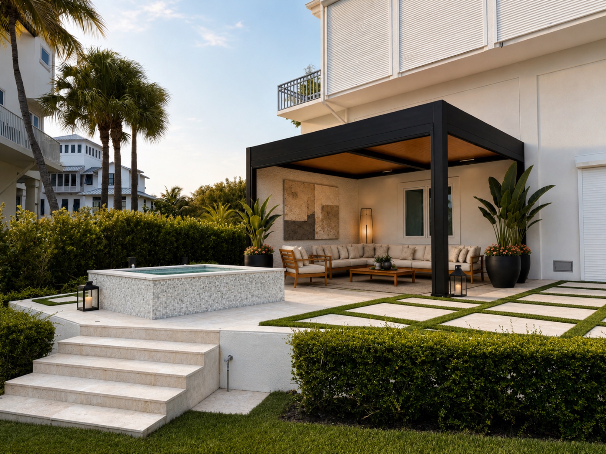 Modern outdoor lounge with black louvered pergola, plunge spa and travertine steps, Southwest Florida